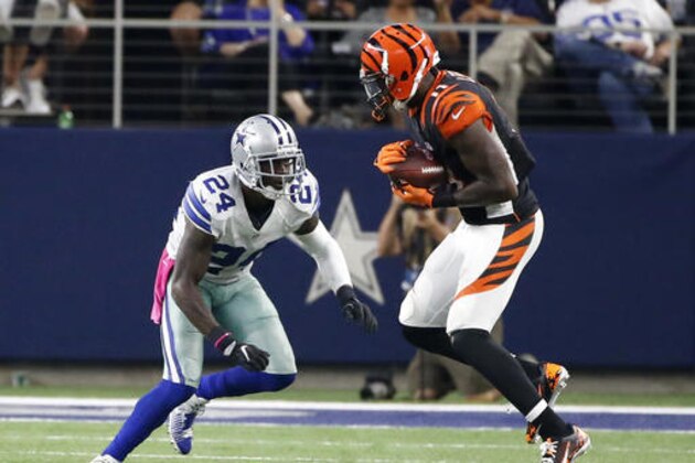 CORRECTS TO DALLAS COWBOYS MORRIS CLAIBORNE NOT ADAM JONES Dallas Cowboys' Morris Claiborne defends as Cincinnati Bengals wide receiver Brandon LaFell (11) catches a pass in the second half of an NFL football game, Sunday, Oct. 9, 2016, in Arlington, Texas. (AP Photo/Ron Jenkins)
