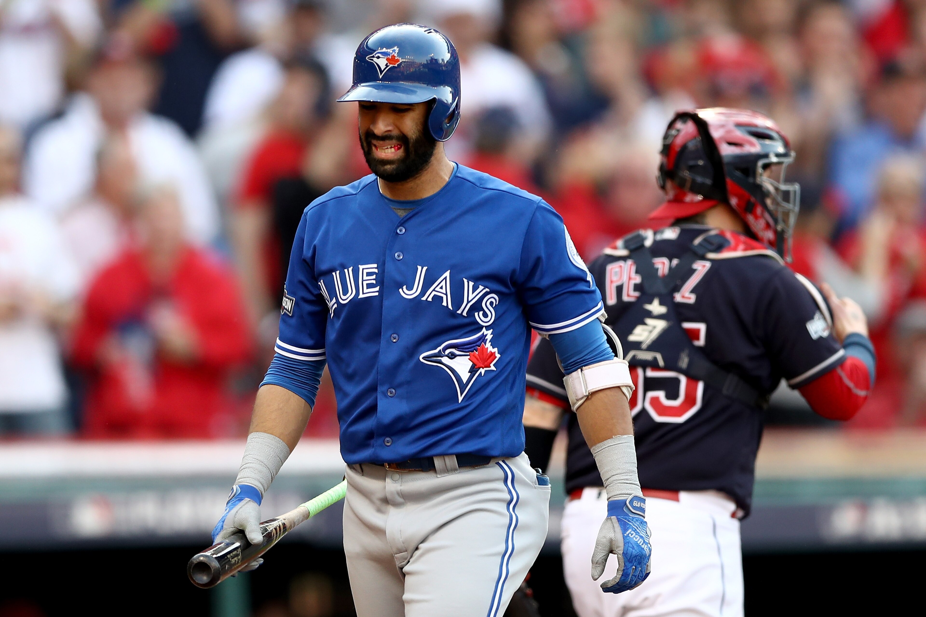 CLEVELAND, OH - OCTOBER 15: Jose Bautista #19 of the Toronto Blue Jays reacts after striking out to end the third inning against Josh Tomlin #43 of the Cleveland Indians during game two of the American League Championship Series at Progressive Field on October 15, 2016 in Cleveland, Ohio. (Photo by Elsa/Getty Images) CLEVELAND, OH - OCTOBER 15: Jose Bautista #19 of the Toronto Blue Jays reacts after striking out to end the third inning against Josh Tomlin #43 of the Cleveland Indians during game two of the American League Championship Series at Progressive Field on October 15, 2016 in Cleveland, Ohio. (Photo by Elsa/Getty Images)