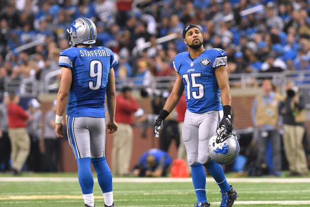 DETROIT, MI - DECEMBER 27:  Matthew Stafford #9 and Golden Tate #15 of the Detroit Lions look on from the field during the game against the San Francisco 49ers at Ford Field on December 27, 2015 in Detroit, Michigan. The Lions defeated the 49ers 32-17.  (Photo by Mark Cunningham/Detroit Lions/Getty Images)