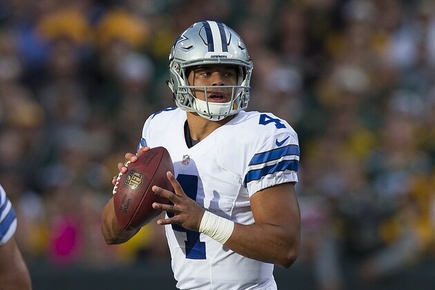 Oct 16, 2016; Green Bay, WI, USA;  Dallas Cowboys quarterback Dak Prescott (4) prepares to throw the ball during the second quarter against the Green Bay Packers at Lambeau Field. Mandatory Credit: Jeff Hanisch-USA TODAY Sports