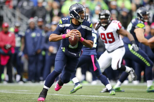 SEATTLE, WA - OCTOBER 16:  Quarterback Russell Wilson #3 of the Seattle Seahawks passes against the Atlanta Falcons at CenturyLink Field on October 16, 2016 in Seattle, Washington.  (Photo by Jonathan Ferrey/Getty Images)
