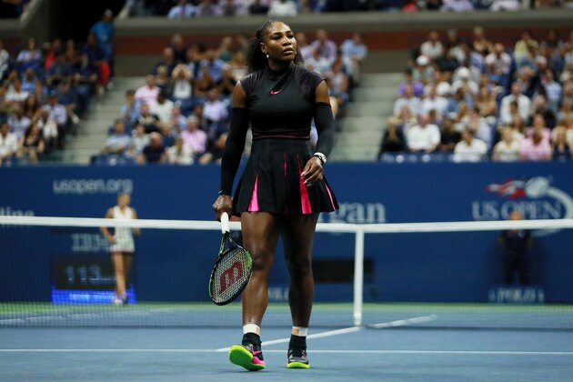 NEW YORK, NY - SEPTEMBER 08:  Serena Williams of the United States reacts against Karolina Pliskova of the Czech Republic during her Women's Singles Semifinal Match on Day Eleven of the 2016 US Open at the USTA Billie Jean King National Tennis Center on September 8, 2016 in the Flushing neighborhood of the Queens borough of New York City.  (Photo by Michael Reaves/Getty Images)
