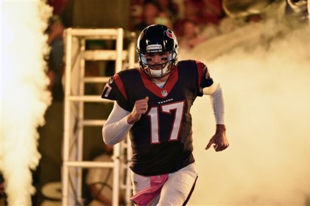 Houston Texans quarterback Brock Osweiler (17) runs on to the field before an NFL football game against the Indianapolis Colts, Sunday, Oct. 16, 2016, in Houston. (AP Photo/Eric Christian Smith)