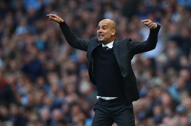 MANCHESTER, ENGLAND - OCTOBER 15:  Josep Guardiola, Manager of Manchester City reacts during the Premier League match between Manchester City and Everton at Etihad Stadium on October 15, 2016 in Manchester, England.  (Photo by Clive Brunskill/Getty Images)