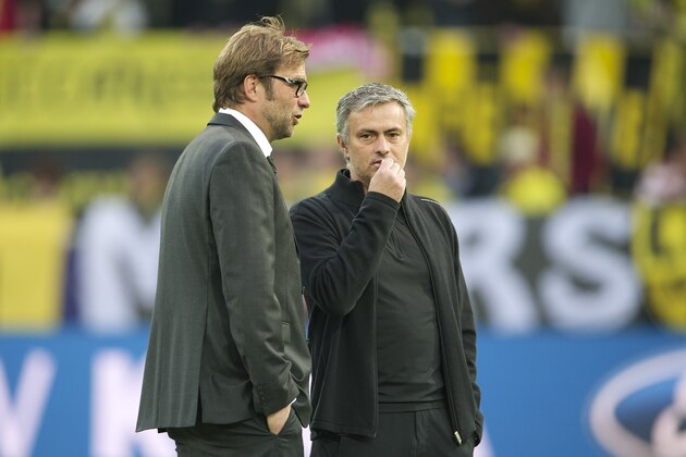 (L-R) coach Jurgen Klopp of Borussia Dortmund, coach Jose Mourinho of Real Madrid during the UEFA Champions League match between Borussia Dortmund and Real Madrid on April 24, 2013 at the Signal Iduna Park stadium in Dortmund, Germany.(Photo by VI Images via Getty Images)