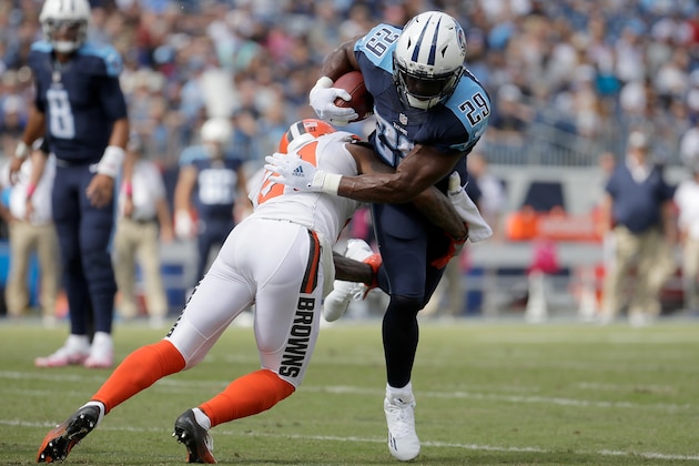 NASHVILLE, TN - OCTOBER 16:  DeMarco Murray #29 of the Tennessee Titans is tackled by Jamar Taylor #21 of the Cleveland Browns during the first quarter of the game at Nissan Stadium on October 16, 2016 in Nashville, Tennessee.  (Photo by Andy Lyons/Getty Images)