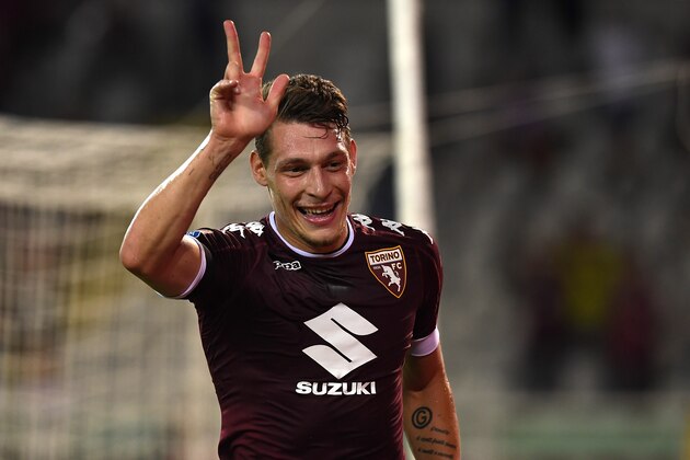 TURIN, ITALY - AUGUST 28:  Andrea Belotti of FC Torino celebrates his third goal during the Serie A match between FC Torino and Bologna FC at Stadio Olimpico di Torino on August 28, 2016 in Turin, Italy.  (Photo by Valerio Pennicino/Getty Images)