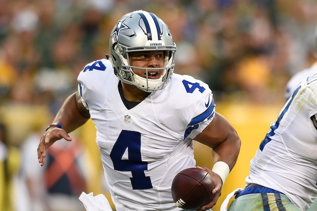 GREEN BAY, WI - OCTOBER 16: Dak Prescott #4 of the Dallas Cowboys looks to pass against the Green Bay Packers during the third quarter at Lambeau Field on October 16, 2016 in Green Bay, Wisconsin. The Dallas Cowboys defeated the Green Bay Packers 30-16.  (Photo by Hannah Foslien/Getty Images)