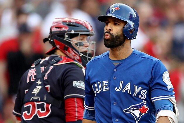 CLEVELAND, OH - OCTOBER 15:  Jose Bautista #19 of the Toronto Blue Jays reacts after striking out to end the third inning against Josh Tomlin #43 of the Cleveland Indians during game two of the American League Championship Series at Progressive Field on October 15, 2016 in Cleveland, Ohio.  (Photo by Elsa/Getty Images)