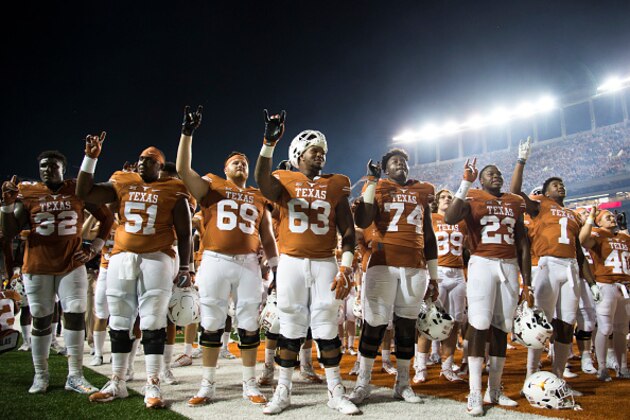 AUSTIN, TX - OCTOBER 15:  The Texas Longhorns celebrate after defeating the Iowa State Cyclones 27-6 on October 15, 2016 at Darrell K Royal-Texas Memorial Stadium in Austin, Texas.  (Photo by Cooper Neill/Getty Images)