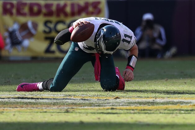 LANDOVER, MD - OCTOBER 16: Quarterback Carson Wentz #11 of the Philadelphia Eagles reacts after a play against the Washington Redskins in the fourth quarter at FedExField on October 16, 2016 in Landover, Maryland. (Photo by Rob Carr/Getty Images)