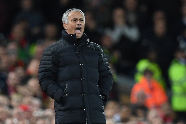 Manchester United's Portuguese manager Jose Mourinho gestures during the English Premier League football match between Liverpool and Manchester United at Anfield in Liverpool, north west England on October 17, 2016. / AFP / Paul ELLIS / RESTRICTED TO EDITORIAL USE. No use with unauthorized audio, video, data, fixture lists, club/league logos or 'live' services. Online in-match use limited to 75 images, no video emulation. No use in betting, games or single club/league/player publications.  /         (Photo credit should read PAUL ELLIS/AFP/Getty Images)