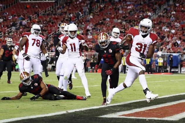 SANTA CLARA, CA - OCTOBER 06:  David Johnson #31 of the Arizona Cardinals scores a touchdown on a four-yard rush against the San Francisco 49ers during their NFL game at Levi's Stadium on October 6, 2016 in Santa Clara, California.  (Photo by Ezra Shaw/Getty Images)