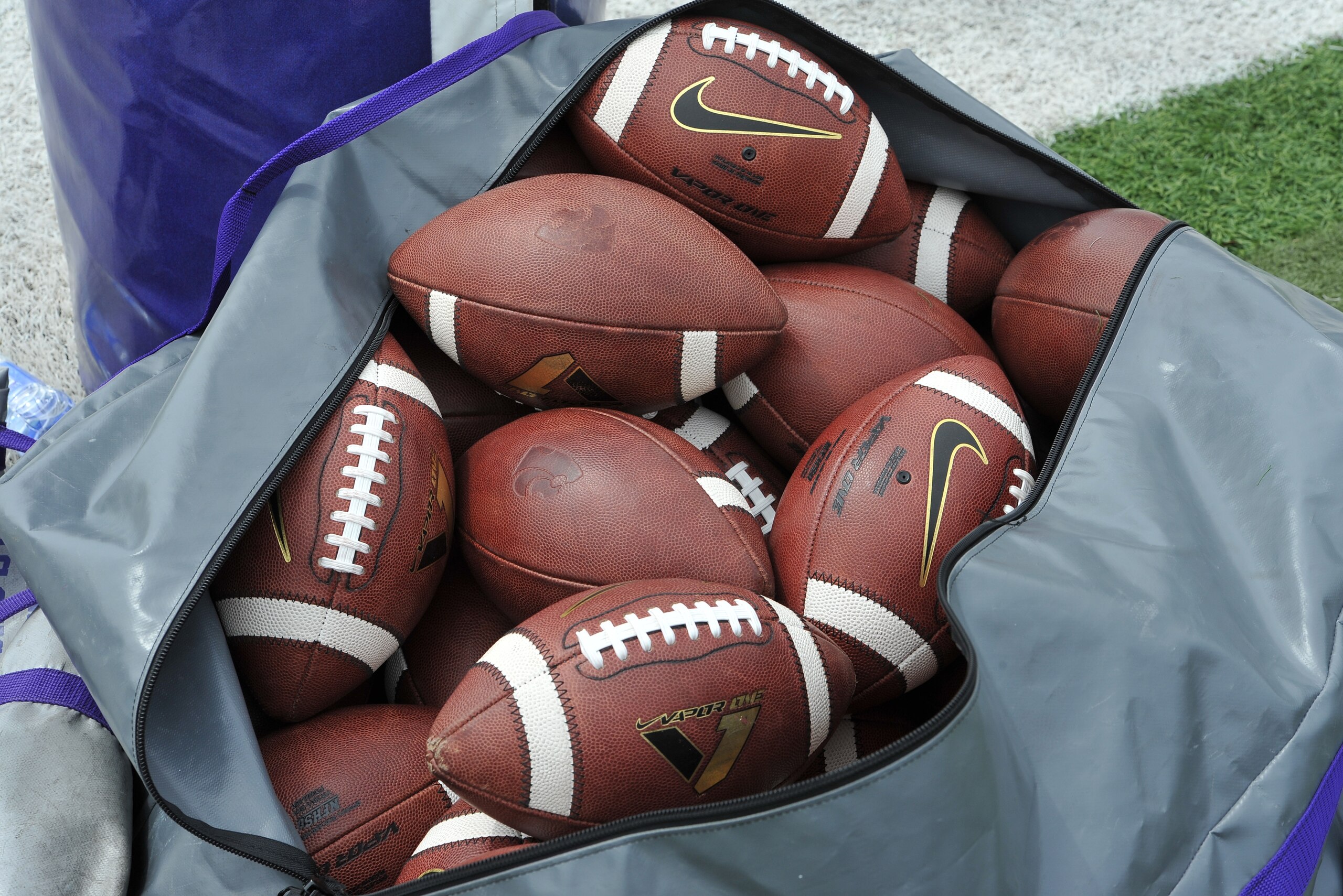 MANHATTAN, KS - APRIL 26:  A general view of a bag of footballs before the Kansas State Wildcats Spring Game on April 26, 2014 at Bill Snyder Family Stadium in Manhattan, Kansas.  (Photo by Peter G. Aiken/Getty Images)