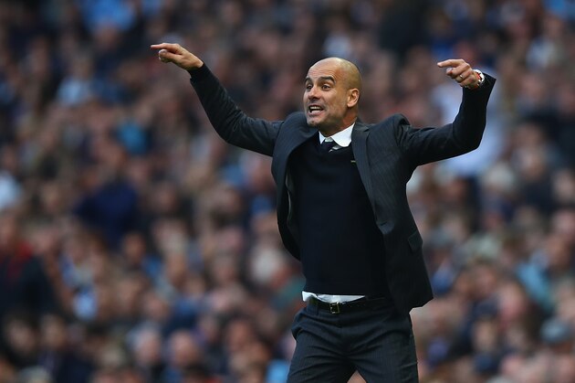 MANCHESTER, ENGLAND - OCTOBER 15:  Josep Guardiola, Manager of Manchester City reacts during the Premier League match between Manchester City and Everton at Etihad Stadium on October 15, 2016 in Manchester, England.  (Photo by Clive Brunskill/Getty Images)