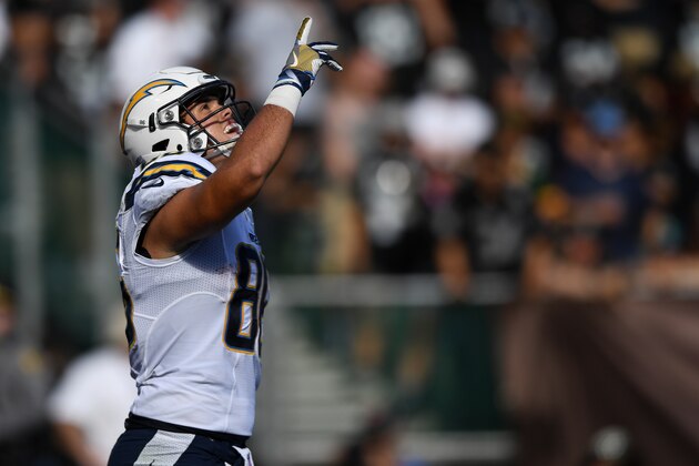 OAKLAND, CA - OCTOBER 09:  Hunter Henry #86 of the San Diego Chargers celebrates after a one-yard touchdown against the Oakland Raiders during their NFL game at Oakland-Alameda County Coliseum on October 9, 2016 in Oakland, California.  (Photo by Thearon W. Henderson/Getty Images)