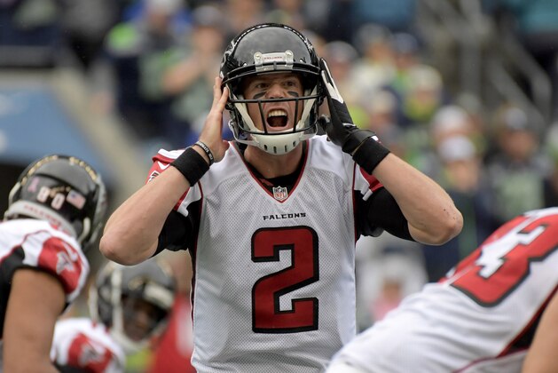 Oct 16, 2016; Seattle, WA, USA; Atlanta Falcons quarterback Matt Ryan (2) reacts during a NFL football game against the Seattle Seahawks at CenturyLink Field. Mandatory Credit: Kirby Lee-USA TODAY Sports