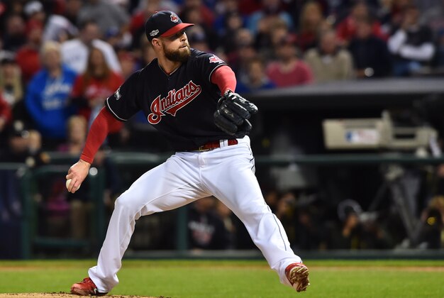 Oct 14, 2016; Cleveland, OH, USA; Cleveland Indians starting pitcher Corey Kluber throws a pitch against the Toronto Blue Jays in the first inning in game one of the 2016 ALCS playoff baseball series at Progressive Field. Mandatory Credit: Ken Blaze-USA TODAY Sports
