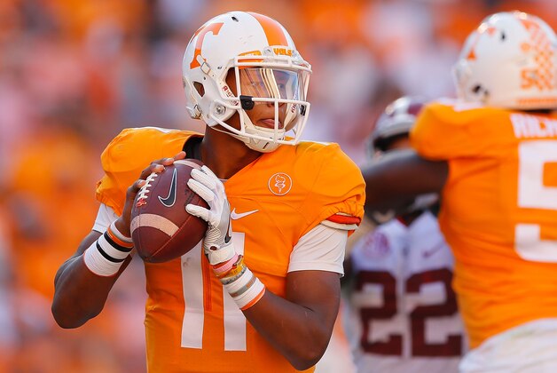 KNOXVILLE, TN - OCTOBER 15: Joshua Dobbs #11 of the Tennessee Volunteers looks to pass against the Alabama Crimson Tide at Neyland Stadium on October 15, 2016 in Knoxville, Tennessee. (Photo by Kevin C. Cox/Getty Images) KNOXVILLE, TN - OCTOBER 15: Joshua Dobbs #11 of the Tennessee Volunteers looks to pass against the Alabama Crimson Tide at Neyland Stadium on October 15, 2016 in Knoxville, Tennessee. (Photo by Kevin C. Cox/Getty Images)