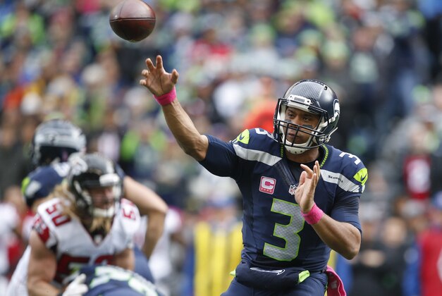 Oct 16, 2016; Seattle, WA, USA; Seattle Seahawks quarterback Russell Wilson (3) passes against the Atlanta Falcons during the first quarter at CenturyLink Field. Mandatory Credit: Joe Nicholson-USA TODAY Sports