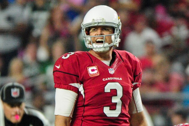 Oct 17, 2016; Glendale, AZ, USA;  Arizona Cardinals quarterback Carson Palmer (3) looks on during the second half against the New York Jets at University of Phoenix Stadium. Mandatory Credit: Matt Kartozian-USA TODAY Sports