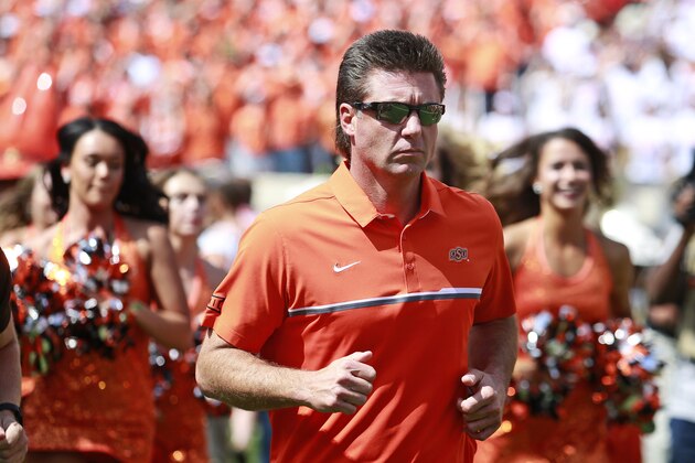 STILLWATER, OK - SEPTEMBER 17 :  Head Coach Mike Gundy of the Oklahoma State Cowboys takes the field before the game against the Pittsburgh Panthers September 17, 2016 at Boone Pickens Stadium in Stillwater, Oklahoma. Oklahoma State defeated Pitt 45-38. (Photo by Brett Deering/Getty Images)