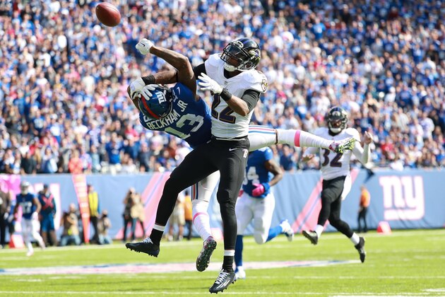 EAST RUTHERFORD, NJ - OCTOBER 16:  Jimmy Smith #22 of the Baltimore Ravens breaks up a pass intended for Odell Beckham Jr. #13 of the New York Giants during the first half of the game at MetLife Stadium on October 16, 2016 in East Rutherford, New Jersey.  (Photo by Michael Reaves/Getty Images)