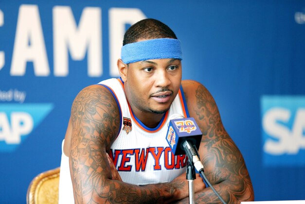 Sep 26, 2016; White Plains, NY, USA; New York Knicks forward Carmelo Anthony addresses the media during the New York Knicks Media Day at Ritz-Carlton. Mandatory Credit: Andy Marlin-USA TODAY Sports