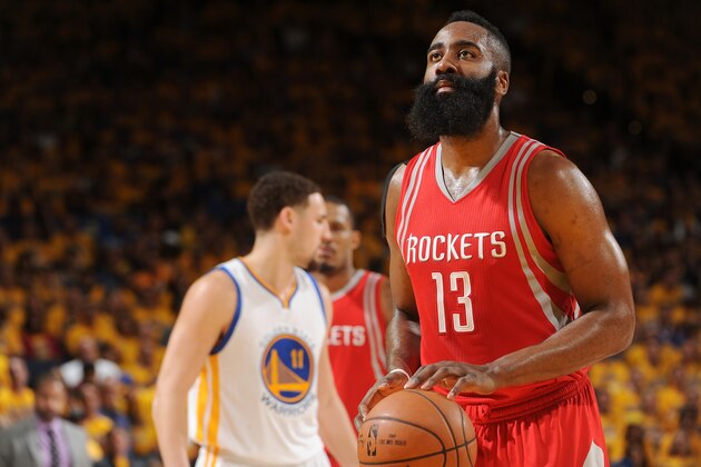 OAKLAND, CA - APRIL 18:  James Harden #13 of the Houston Rockets shoots a free throw against the Golden State Warriors in Game Two of the Western Conference Quarterfinals during the 2016 NBA Playoffs on April 18, 2016 at ORACLE Arena in Oakland, California. NOTE TO USER: User expressly acknowledges and agrees that, by downloading and or using this photograph, user is consenting to the terms and conditions of Getty Images License Agreement. Mandatory Copyright Notice: Copyright 2016 NBAE (Photo by Noah Graham/NBAE via Getty Images)