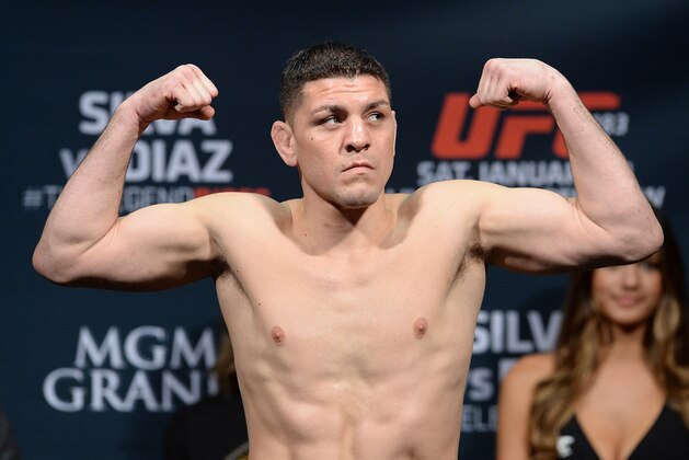 Jan 30, 2015; Las Vegas, NV, USA; Nick Diaz at the weigh in for his middleweight bout against Anderson Silva (not pictured) at the MGM Grand Garden Arena. Mandatory Credit: Jayne Kamin-Oncea-USA TODAY Sports