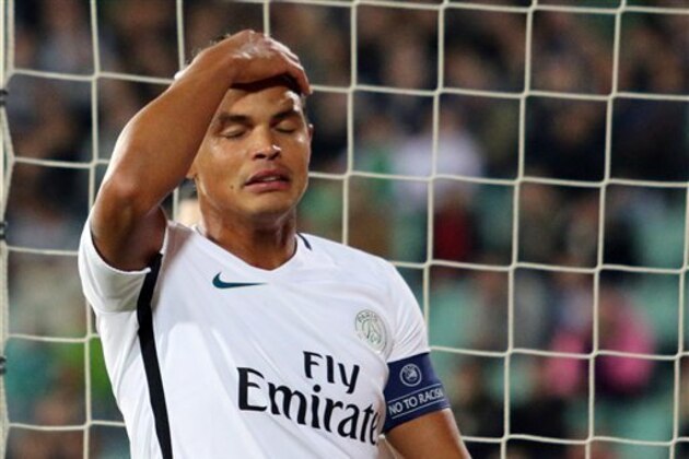 PSG's Thiago Silva gestures after missing an opportunity to score during the Champions League group A soccer match between Ludogorets and Paris Saint-Germain, at Vassil Levski stadium in Sofia, Bulgaria, Wednesday, Sep. 28, 2016.  (AP Photo/Valentina Petrova)