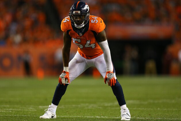 DENVER, CO - SEPTEMBER 8:  Inside linebacker Brandon Marshall #54 of the Denver Broncos in action against the Carolina Panthers at Sports Authority Field Field at Mile High on September 8, 2016 in Denver, Colorado. (Photo by Justin Edmonds/Getty Images)