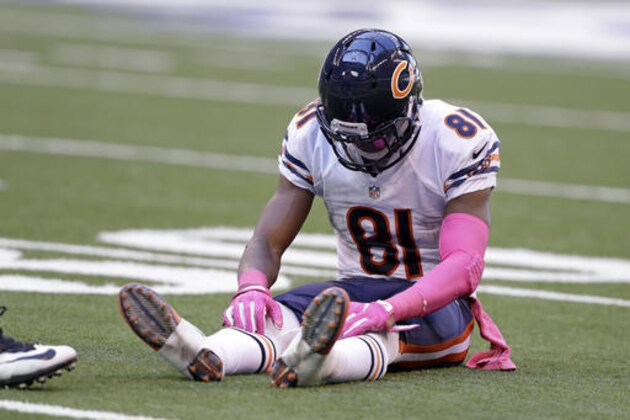 Chicago Bears wide receiver Cameron Meredith (81) sits on the field ofter fumbling the ball that was recovered by the Indianapolis Colts during the second half of an NFL football game in Indianapolis, Sunday, Oct. 9, 2016. (AP Photo/Darron Cummings)