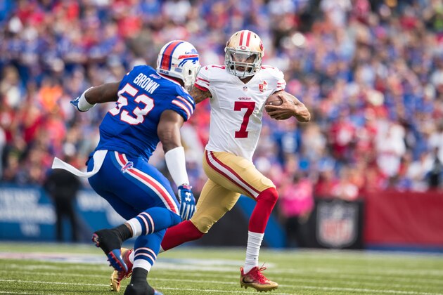 ORCHARD PARK, NY - OCTOBER 16:  Zach Brown #53 of the Buffalo Bills lines up Colin Kaepernick #7 of the San Francisco 49ers as he carries the ball during the first half on October 16, 2016 at New Era Field in Orchard Park, New York. Buffalo defeats San Francisco 45-16.  (Photo by Brett Carlsen/Getty Images)