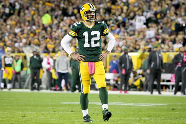 GREEN BAY, WI - OCTOBER 09:  Aaron Rodgers #12 of the Green Bay Packers stands on the field in the first quarter against the New York Giants at Lambeau Field on October 9, 2016 in Green Bay, Wisconsin. (Photo by Dylan Buell/Getty Images)
