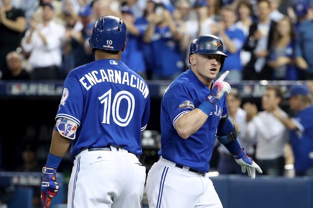 TORONTO, ON - OCTOBER 18: Josh Donaldson #20 of the Toronto Blue Jays celebrates with teammate Edwin Encarnacion #10 after hitting a solo home run in the third inning against Corey Kluber #28 of the Cleveland Indians during game four of the American League Championship Series at Rogers Centre on October 18, 2016 in Toronto, Canada. (Photo by Tom Szczerbowski/Getty Images) TORONTO, ON - OCTOBER 18: Josh Donaldson #20 of the Toronto Blue Jays celebrates with teammate Edwin Encarnacion #10 after hitting a solo home run in the third inning against Corey Kluber #28 of the Cleveland Indians during game four of the American League Championship Series at Rogers Centre on October 18, 2016 in Toronto, Canada. (Photo by Tom Szczerbowski/Getty Images)