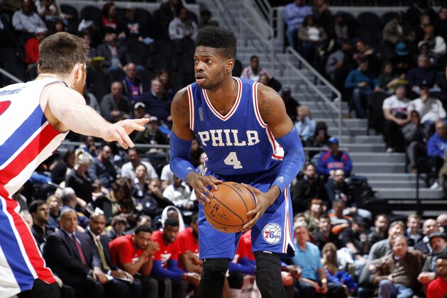 AUBURN HILLS, MI - JANUARY 27: Nerlens Noel #4 of the Philadelphia 76ers handles the ball during the game against the Detroit Pistons on January 27, 2016 at The Palace of Auburn Hills in Auburn Hills, Michigan. NOTE TO USER: User expressly acknowledges and agrees that, by downloading and/or using this photograph, User is consenting to the terms and conditions of the Getty Images License Agreement. Mandatory Copyright Notice: Copyright 2016 NBAE (Photo by B. Sevald/Einstein/NBAE via Getty Images)
