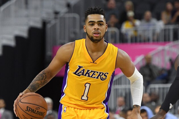 LAS VEGAS, NV - OCTOBER 13:  D'Angelo Russell #1 of the Los Angeles Lakers brings the ball up the court against the Sacramento Kings during their preseason game at T-Mobile Arena on October 13, 2016 in Las Vegas, Nevada. Sacramento won 116-104. NOTE TO USER: User expressly acknowledges and agrees that, by downloading and or using this photograph, User is consenting to the terms and conditions of the Getty Images License Agreement.  (Photo by Ethan Miller/Getty Images)