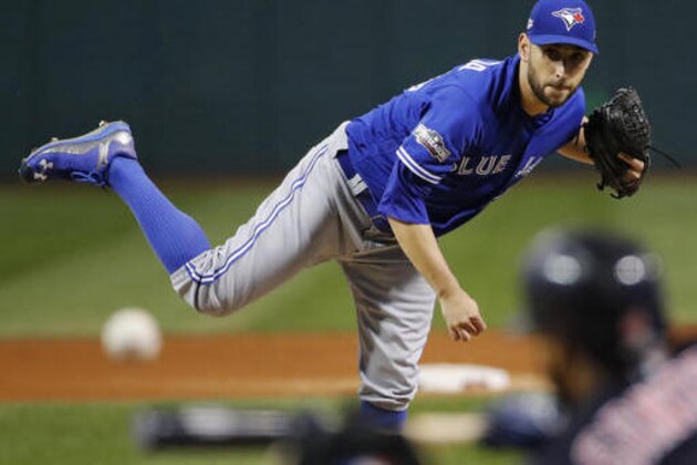 Toronto Blue Jays starter Marco Estrada pitches to Cleveland Indians' Carlos Santana during the first inning in Game 1 of baseball's American League Championship Series in Cleveland, Friday, Oct. 14, 2016. (AP Photo/Gene J. Puskar)