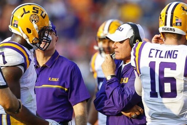 LSU head coach Les Miles talks with LSU running back Leonard Fournette (7) during the first half of an NCAA college football game against Auburn, Saturday, Sept. 24, 2016, in Auburn, Ala. (AP Photo/Butch Dill)