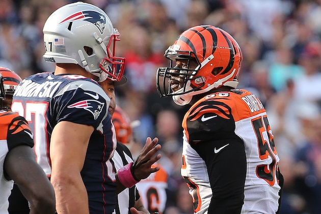 FOXBORO, MA - OCTOBER 16:  Rob Gronkowski #87 of the New England Patriots and Vontaze Burfict #55 of the Cincinnati Bengals exchange words in the fourth quarter at Gillette Stadium on October 16, 2016 in Foxboro, Massachusetts.(Photo by Jim Rogash/Getty Images)