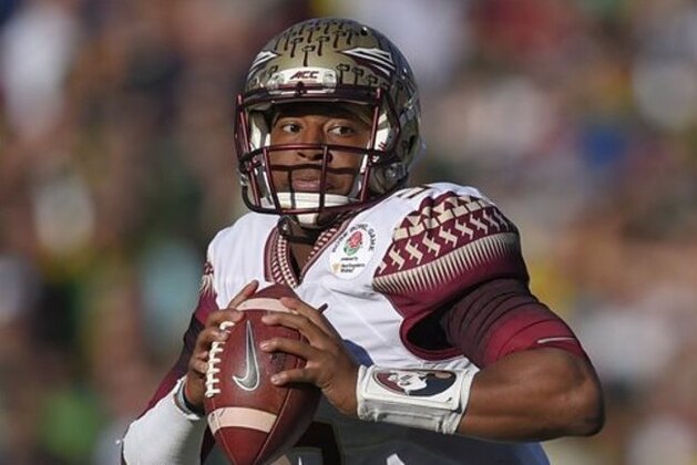 FILE - In this Jan. 1, 2015 file photo, Florida State quarterback Jameis Winston looks to throw during the first half of the Rose Bowl NCAA college football playoff semifinal against Oregon in Pasadena, Calif. Jameis Winston met with the Tampa Bay Buccaneers, Tuesday, March 3, 2015, hoping to make a good impression on the team considering taking the Heisman Trophy-winning quarterback with the first pick in the NFL draft. (AP Photo/Mark J. Terrill, File)
