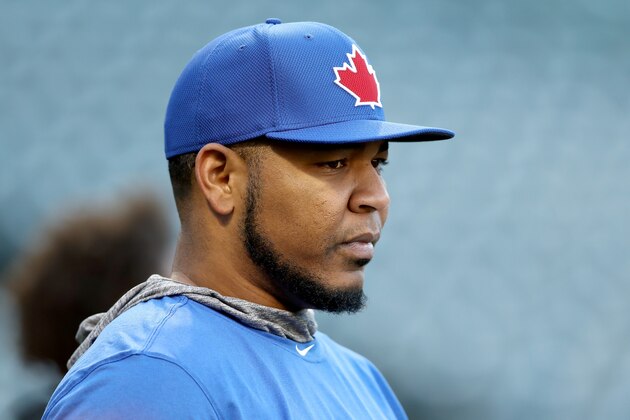 CLEVELAND, OH - OCTOBER 14:  Edwin Encarnacion #10 of the Toronto Blue Jays warms up during batting practice prior to game one of the American League Championship Series against the Cleveland Indians at Progressive Field on October 14, 2016 in Cleveland, Ohio.  (Photo by Elsa/Getty Images)