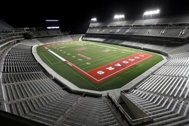 TDECU Stadium, the new football stadium for the NCAA college football Houston Cougars, is shown Wednesday, Aug. 20, 2014, in Houston. Houston will open their season in the new stadium Friday, Aug. 29th when they play Texas-San Antonio. (AP Photo/David J. Phillip)