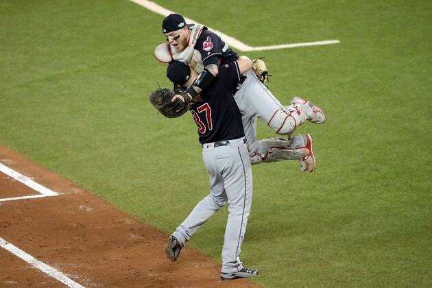 TORONTO, ON - OCTOBER 19:  Cody Allen #37 and Roberto Perez #55 of the Cleveland Indians celebrate after defeating the Toronto Blue Jays with a score of 3 to 0 in game five of the American League Championship Series at Rogers Centre on October 19, 2016 in Toronto, Canada.  (Photo by Tom Szczerbowski/Getty Images)