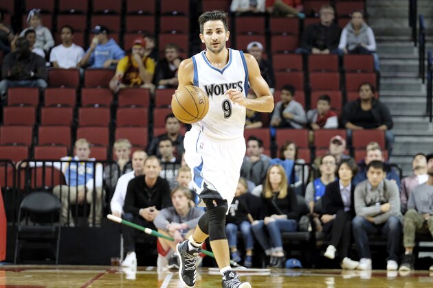LINCOLN, NE - OCTOBER 12: Ricky Rubio #9 of the Minnesota Timberwolves handles the ball against the Denver Nuggets during a preseason game on October 12, 2016 at Pinnacle Bank Arena in Lincoln, Nebraska. NOTE TO USER: User expressly acknowledges and agrees that, by downloading and or using this Photograph, user is consenting to the terms and conditions of the Getty Images License Agreement. Mandatory Copyright Notice: Copyright 2016 NBAE (Photo by Eric Francis/NBAE via Getty Images)