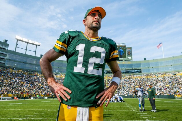 GREEN BAY, WI - SEPTEMBER 25:  Aaron Rodgers #12 of the Green Bay Packers stands on the field after the game against the Detroit Lions at Lambeau Field on September 25, 2016 in Green Bay, Wisconsin. (Photo by Dylan Buell/Getty Images)