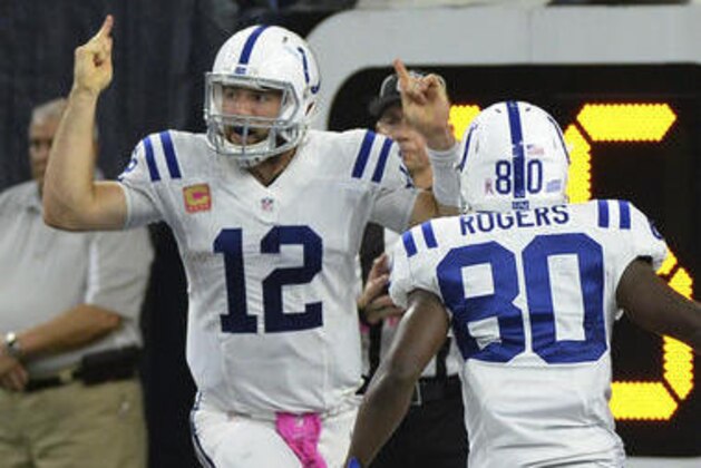 Indianapolis Colts quarterback Andrew Luck (12) celebrates his 14-yard touchdown run with teammate Chester Rogers (80) during the second half of an NFL football game against the Houston Texans, Sunday, Oct. 16, 2016, in Houston. (AP Photo/George Bridges)