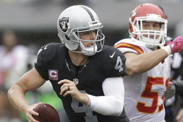 Oakland Raiders quarterback Derek Carr (4) scrambles away from Kansas City Chiefs linebacker Frank Zombo during the first half of an NFL football game in Oakland, Calif., Sunday, Oct. 16, 2016. (AP Photo/Ben Margot)