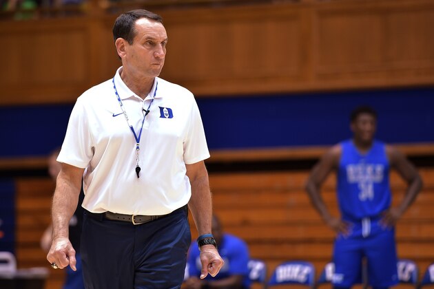 DURHAM, NC - OCTOBER 01: Head coach Mike Krzyzewski of the Duke Blue Devils looks on during a practice session at Cameron Indoor Stadium on October 1, 2016 in Durham, North Carolina. (Photo by Lance King/Getty Images)